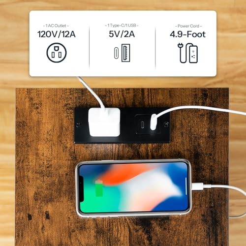 Side Table with Charging Station, End Table with USB 1 Rustic Brown + Black