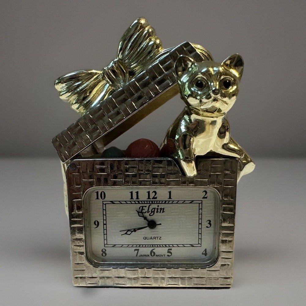 Elgin Kitten Gift Box Bow Ribbon Mini Clock - Does Not Work - Read Description