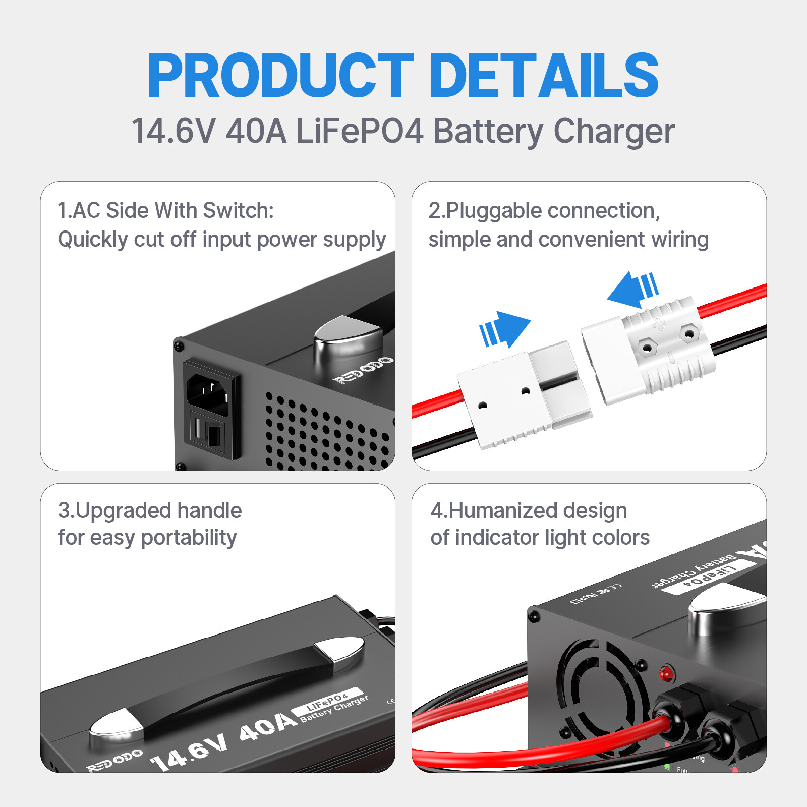 Redodo 14.6V 40A LiFePO4 Lithium Battery Charger with LED Display Upgrade Handle
