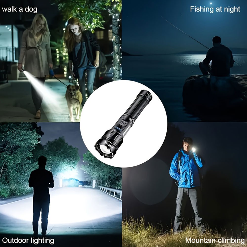Super Bright LED Flashlight Zoomable Torch USB Rechargeable COB Side Soft Light