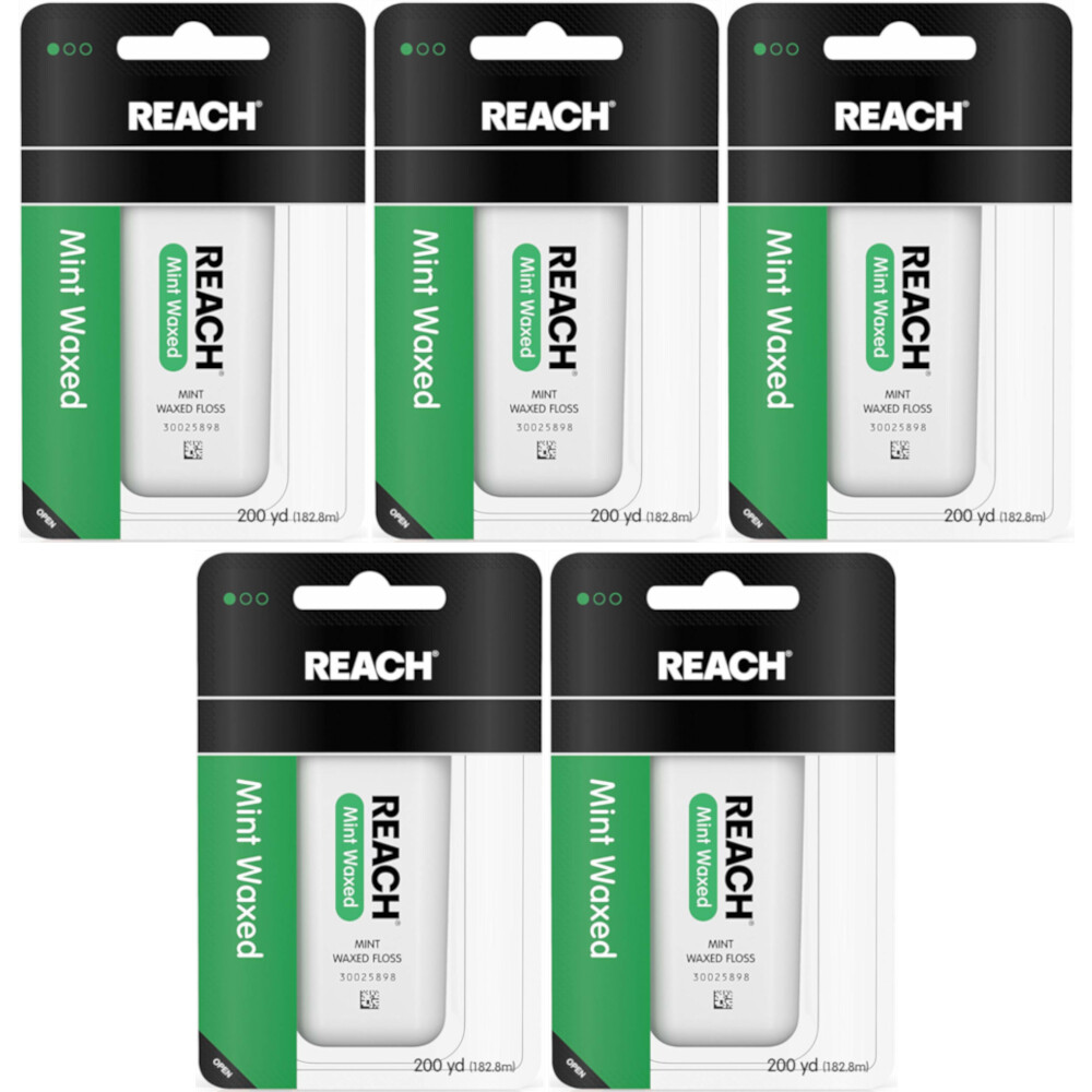 5 Pack Reach Mint Waxed Dental Floss - 200 yard Each