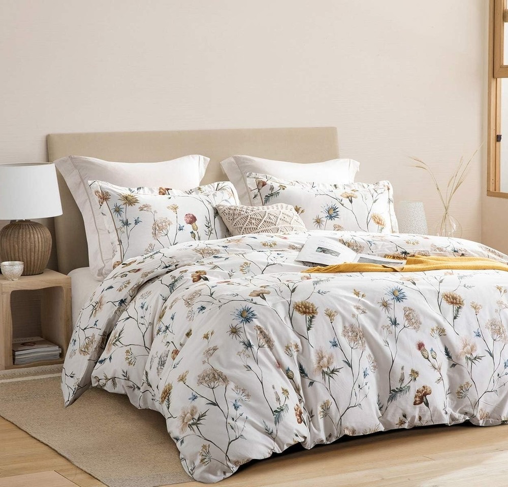 Comforter Queen Size, 600 Thread Count Cotton White Printed with Flowers