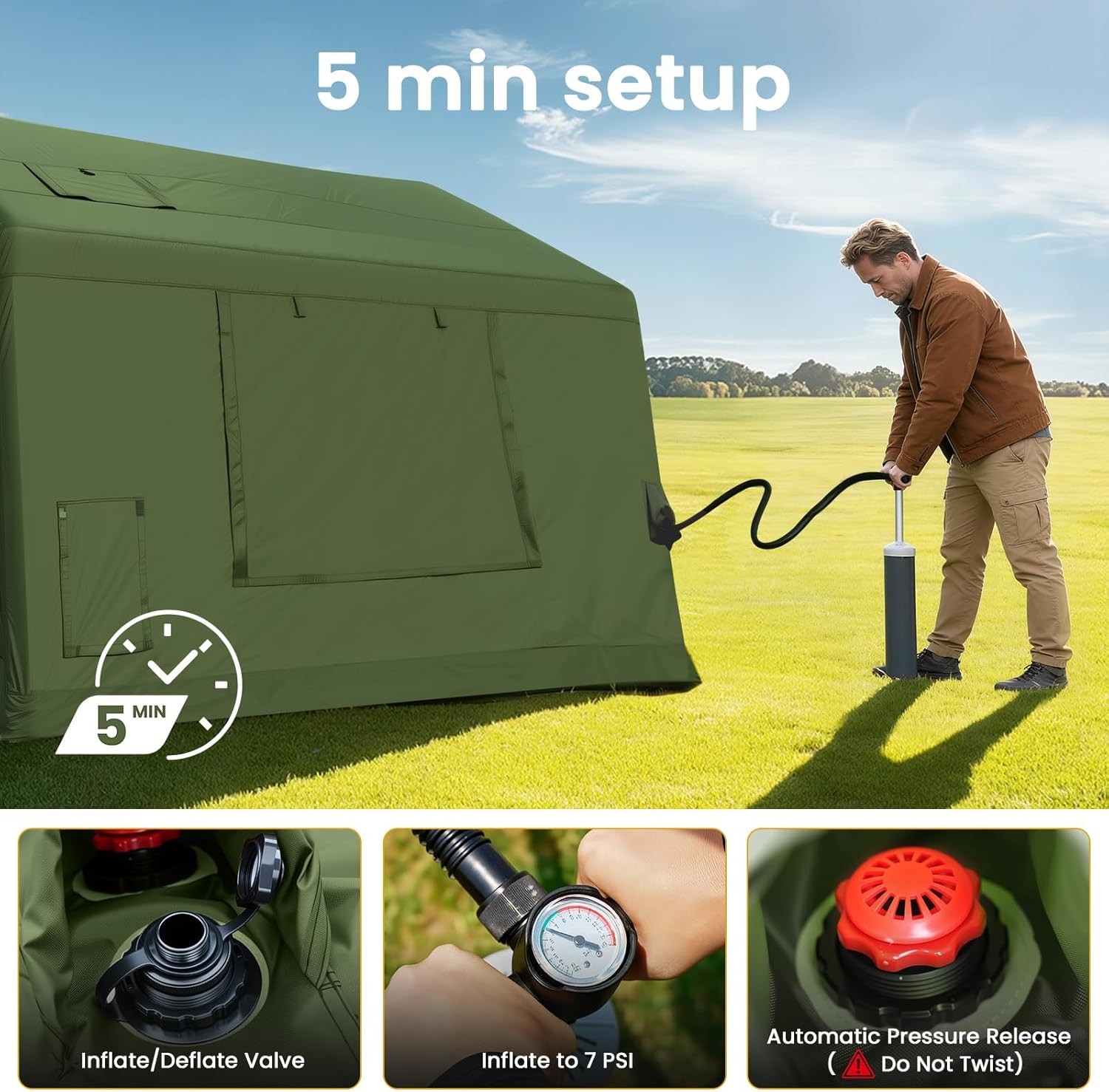 NAIZEA Inflatable Tent with Skylight Blow Up Tents w/Pump Stove Jack 6 Person