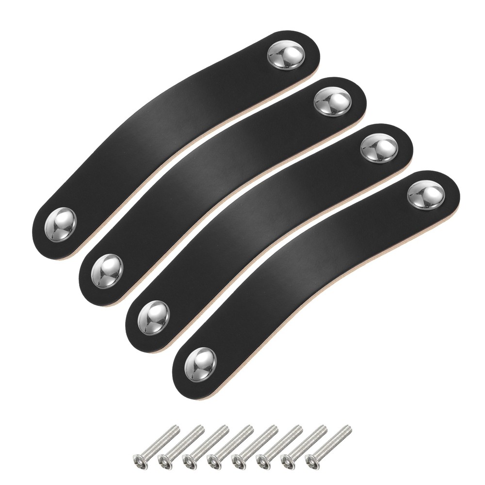 4 Packs Leather Drawer Pulls Double Hole Knobs, Black/Silver(Hole Spacing:96mm)