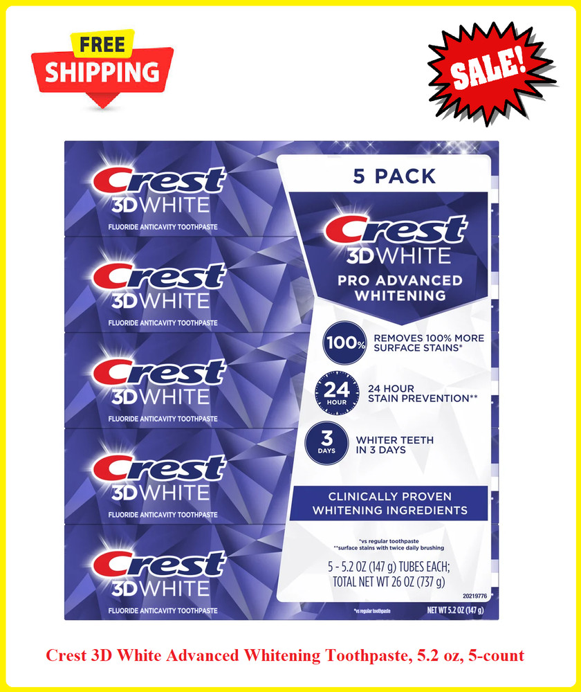 Crest 3D White Advanced Whitening Toothpaste, 5.2 oz, 5-count