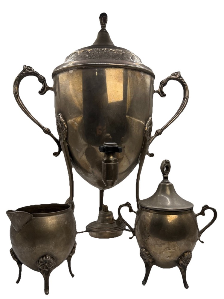 Antique Universal Spirit Tea Set 3pc Jeweled Blue Glass Samovar Burner Stand