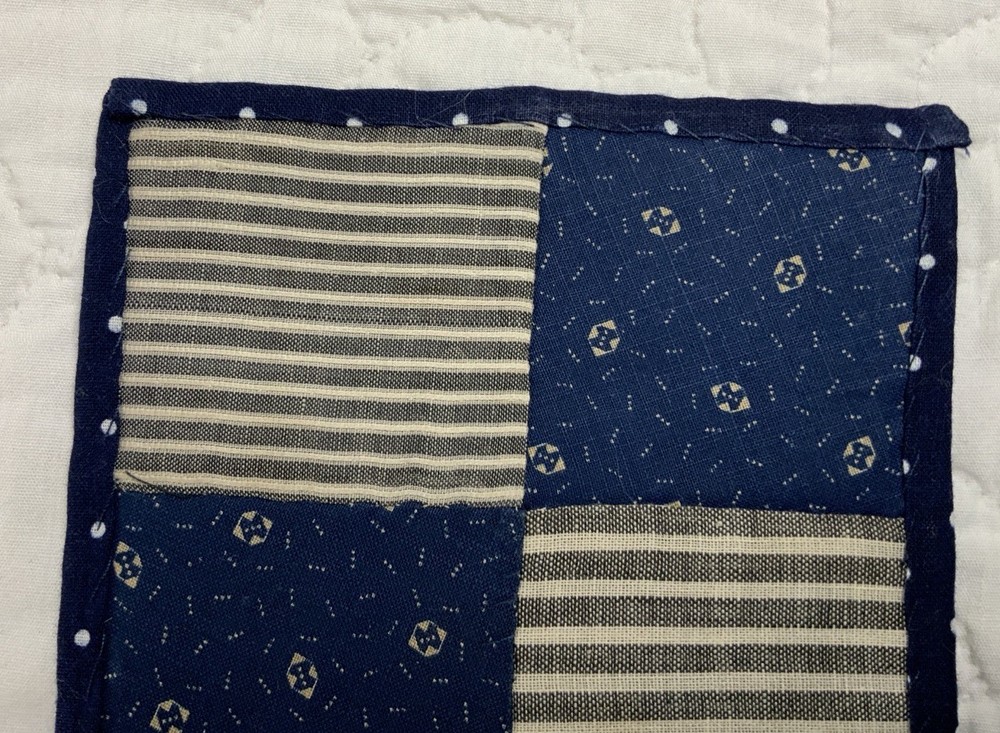 Vintage Patchwork Quilt Table Topper, Early Calicos, Four Patch, Blue, Multi