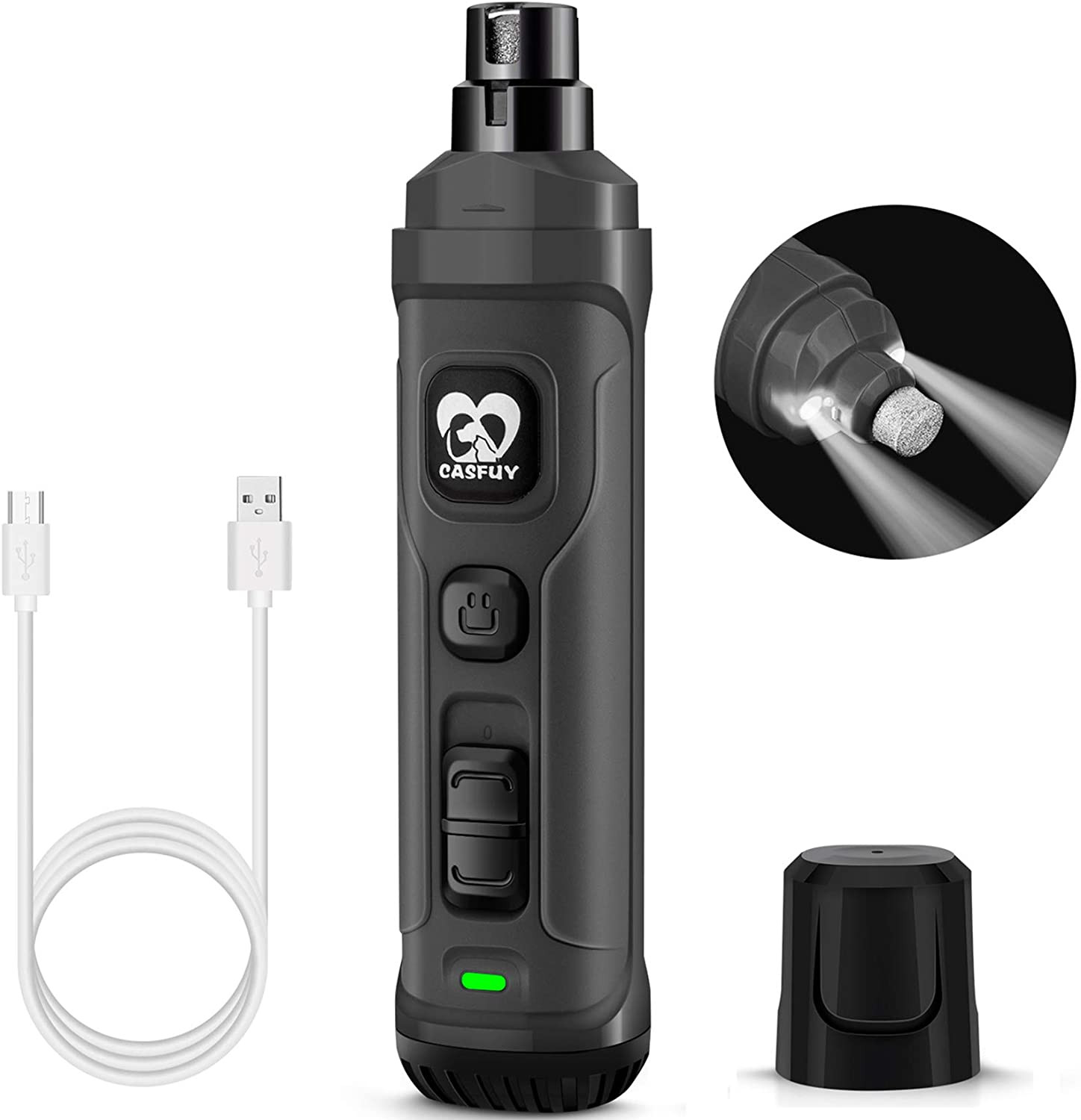 Dog Nail Grinder with 2 LED Light 2 Speed Electric Pet Nail Trimmer Quiet Grey.