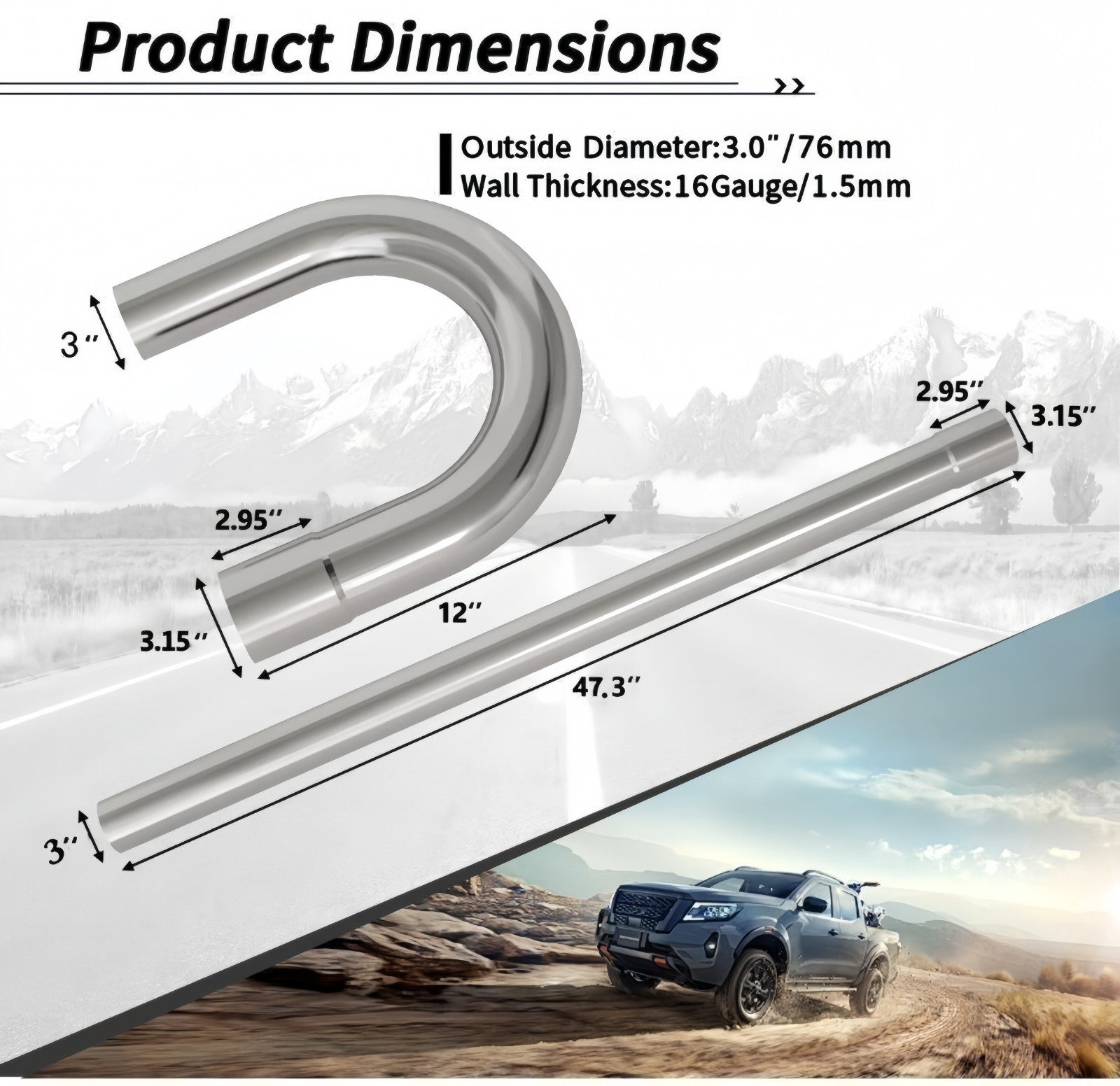 3" OD Stainless Exhaust Pipe Kit Straight Mandrel Bend DIY T304 Tubing Set 8Pcs