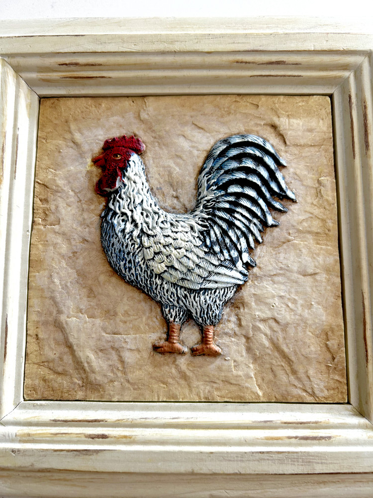 Framed Ceramic Tile Rooster Plaque 8" by 8" Shabby Chic Frame