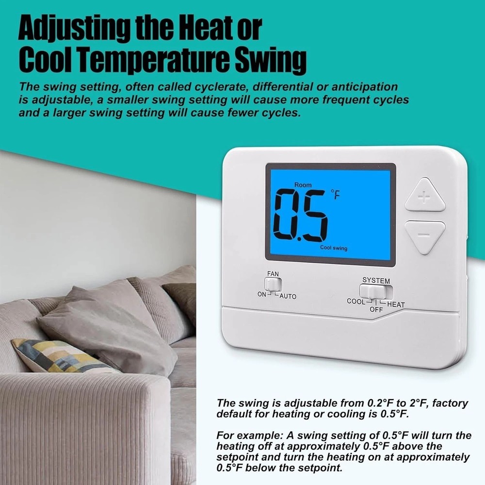 Smart Non-Programmable Thermostat for Home Heating & Cooling, LCD Display