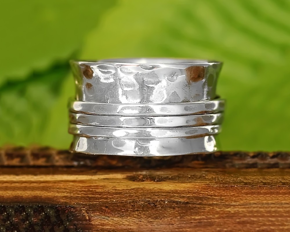 Solid 925 Sterling Silver Spinner Worry Meditation Hammered Band Handmade Ring