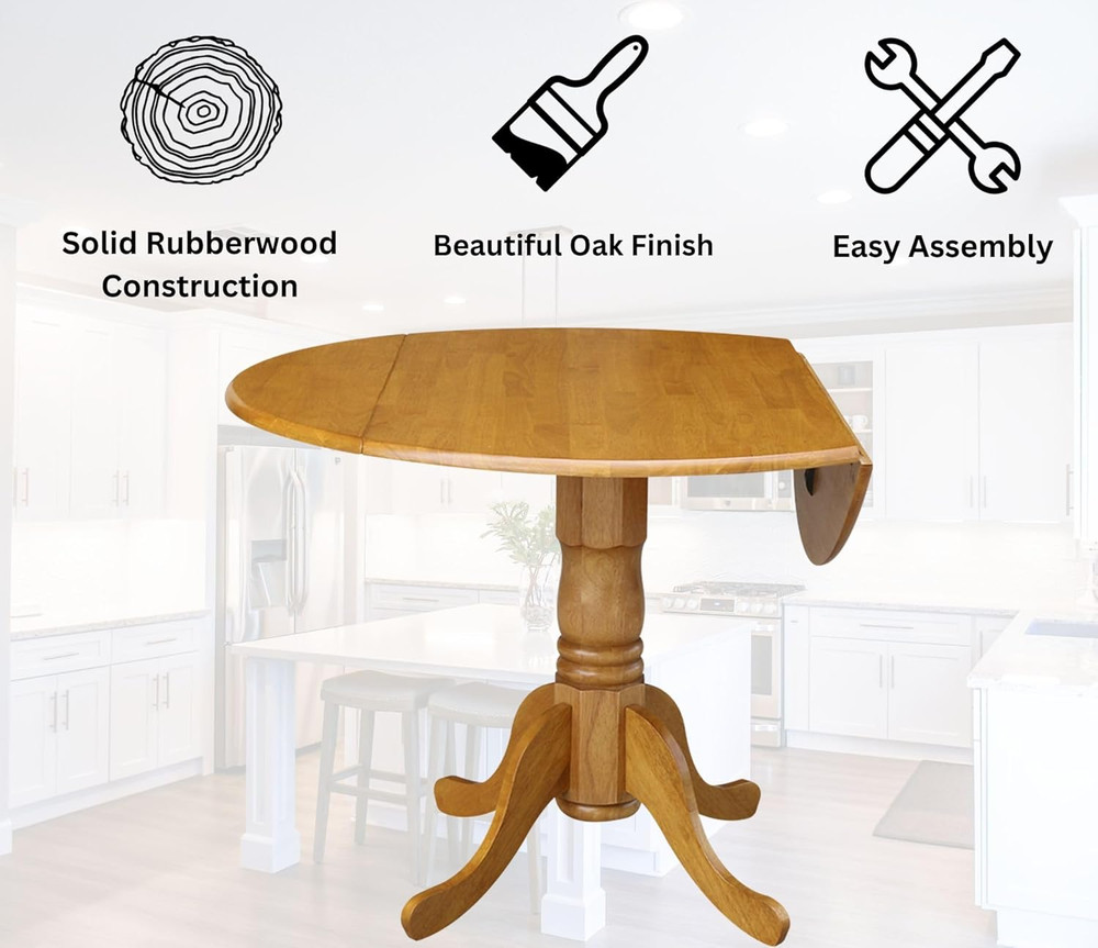 42" Round Dual Drop Leaf Dining Table - Solid Oak Parawood, Sturdy & Stylish