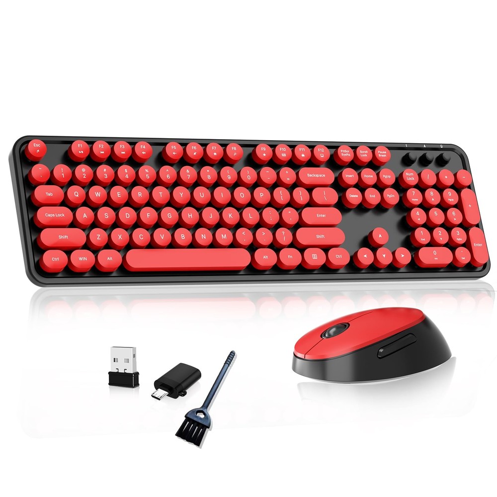 Wireless Keyboard, Mouse, Retro Typewriter, Round Keycaps, Black, Red, Full-Size