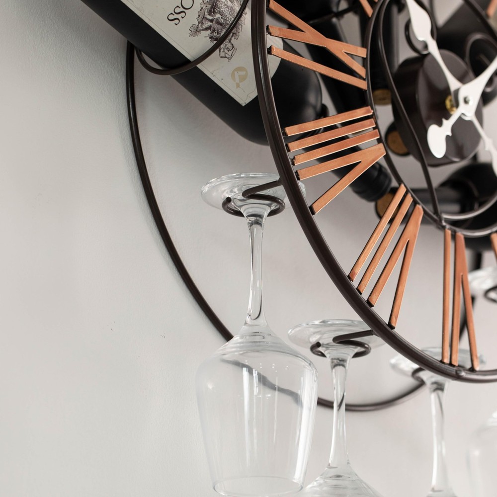 Wall-Mounted Clock Design Wine Holder with Stemware Rack - Unique Shelf for C...