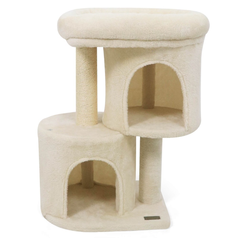 26” Small Cat Tree w/Large Padded Plush Perch, 2 Condos, Sisal Scratching Posts