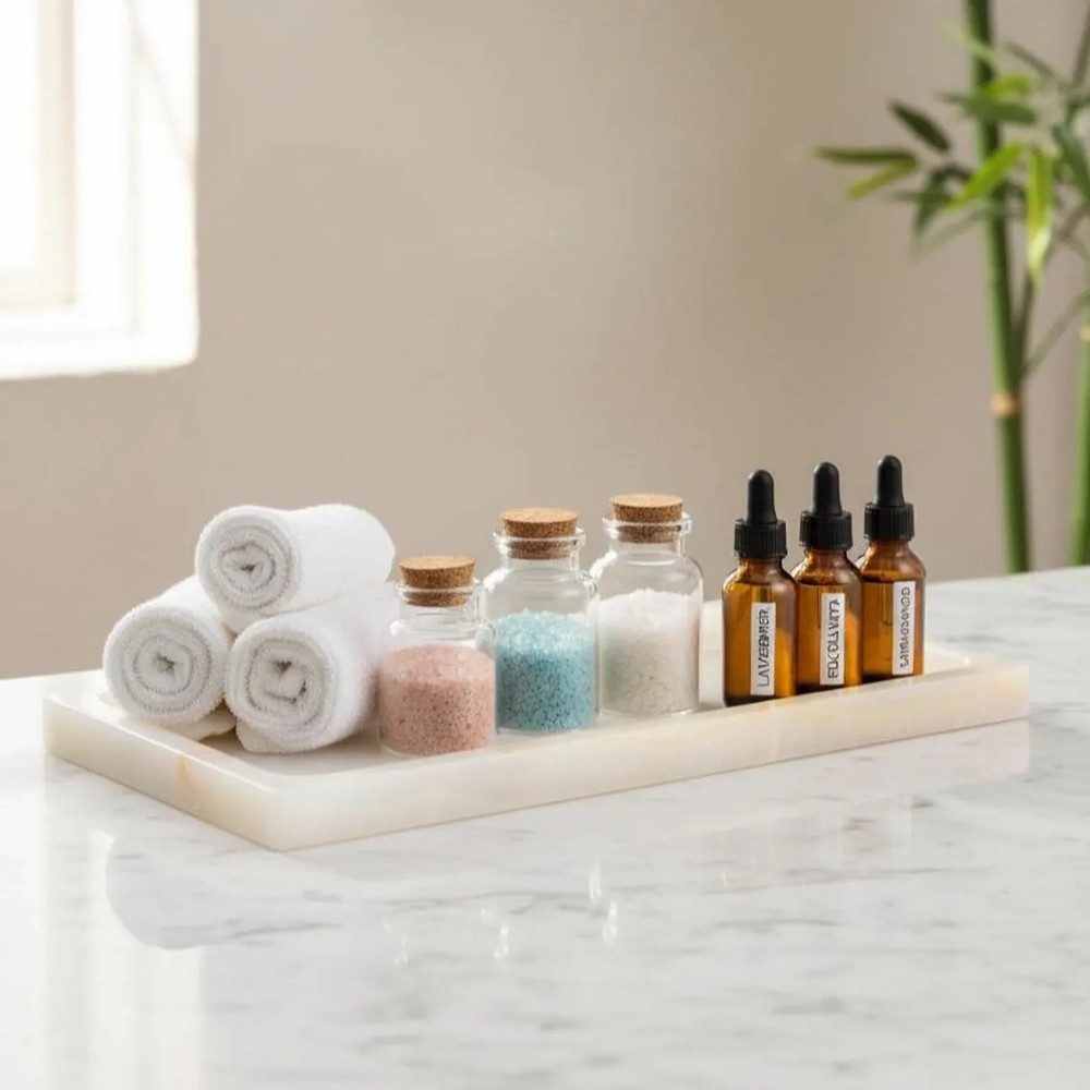 Natural Onyx Stone Tray | Rectangular Vanity Organizer Kitchen Decor