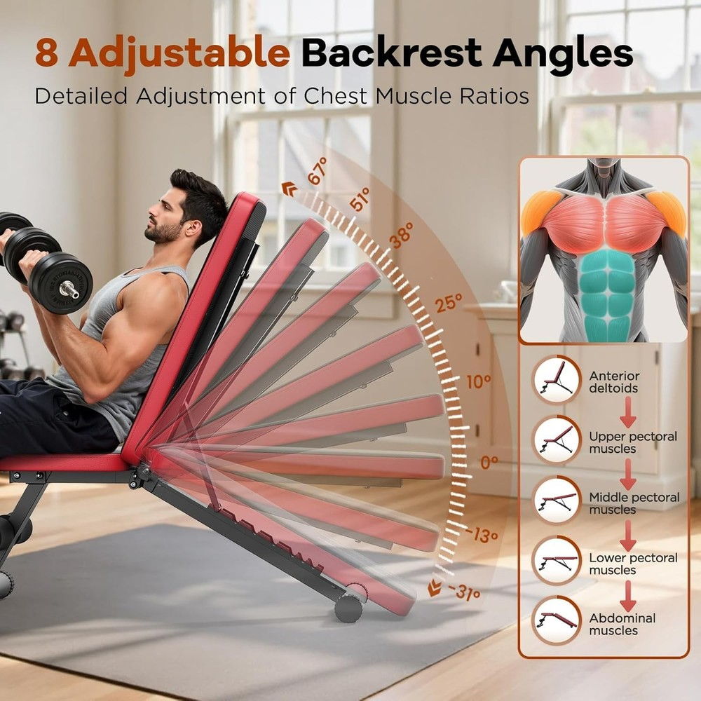 Basic Weight Bench for Home Gym, Foldable Workout Bench with 8 Backrests, 660LBS
