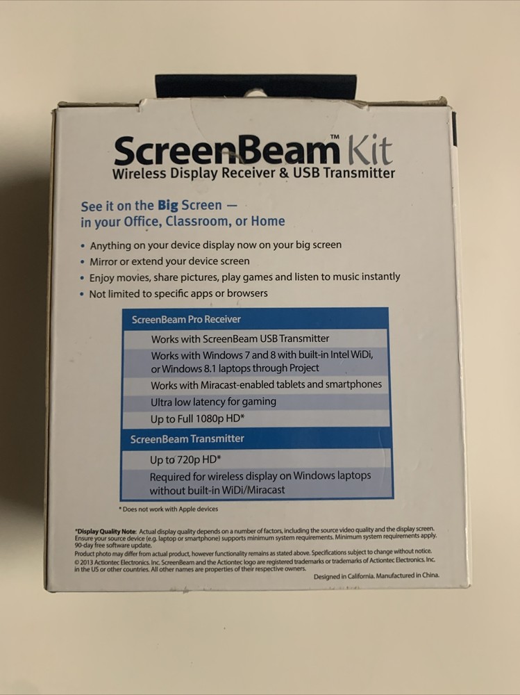Actiontec ScreenBeam Kit Wireless Display Receiver +USB Transmitter SBWD100KIT01