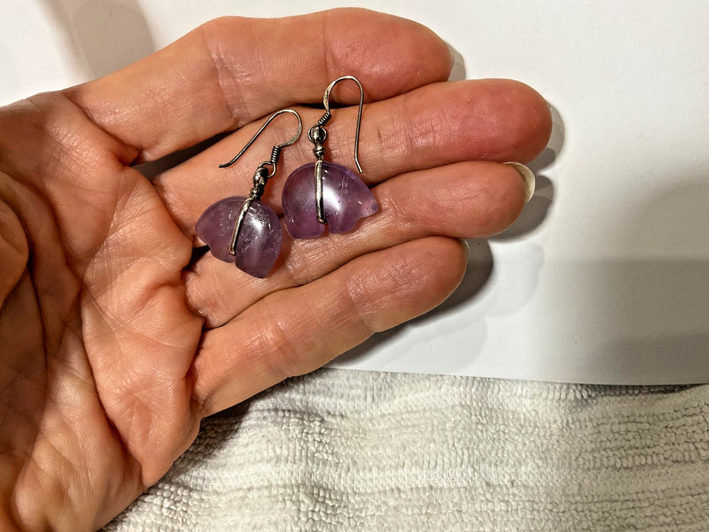 ~ NICE 😊 purple Quarts BEAR Sterling Silver Dangle Drop Earrings