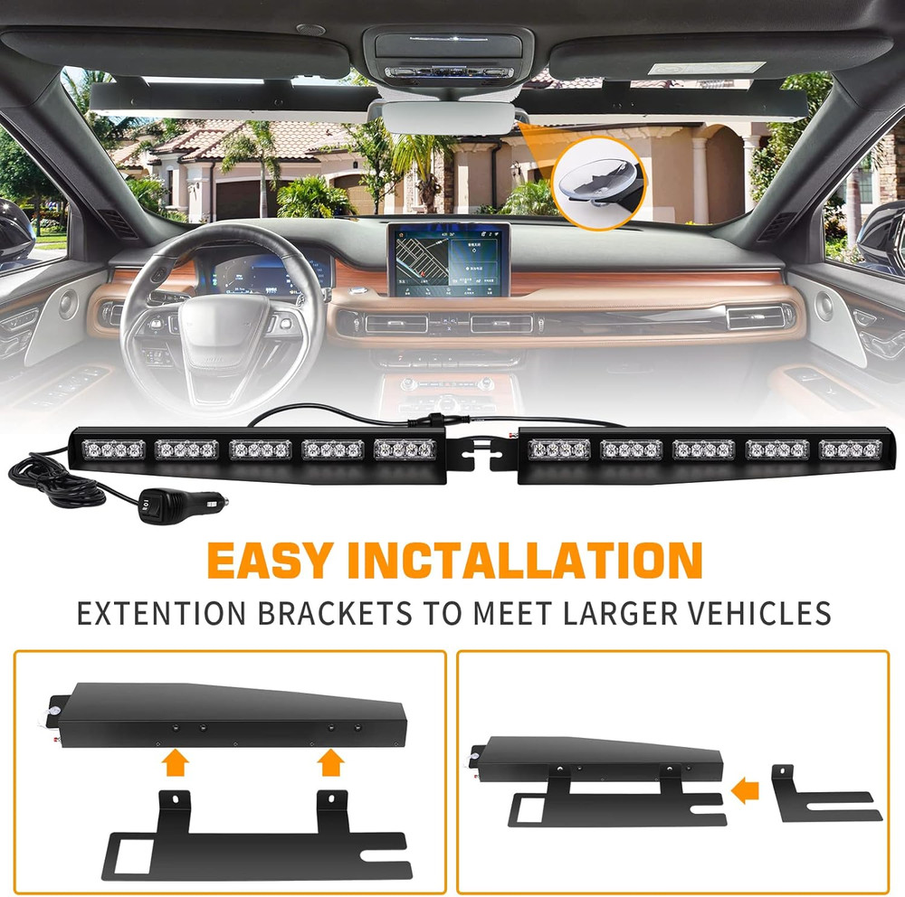 34 Inch Blue Emergency Visor Lights Bar Interior Front Windshield Strobe Lights