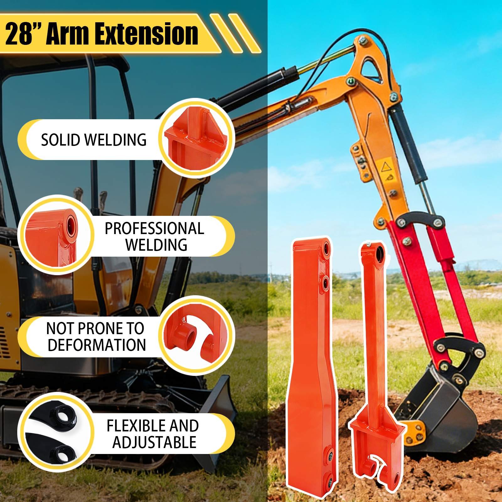 28in，Excavator Arm Extension Kit for 0.8Tons-2tons Mini Excavator