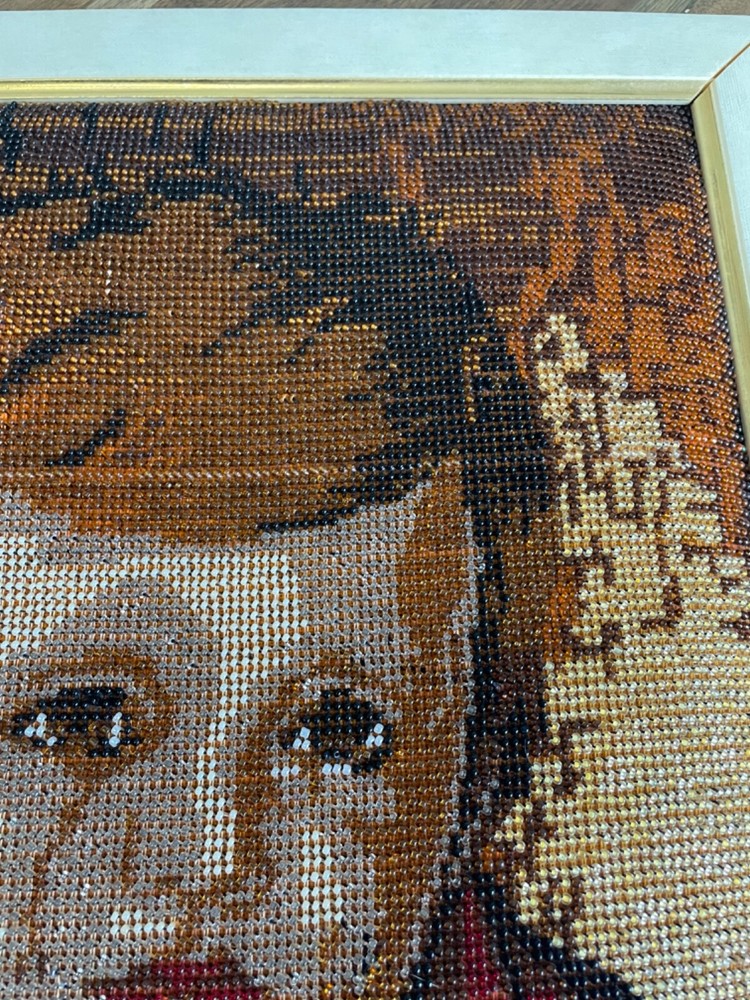 Vintage Handmade Beaded Needlepoint Boy Crying With Tears Framed