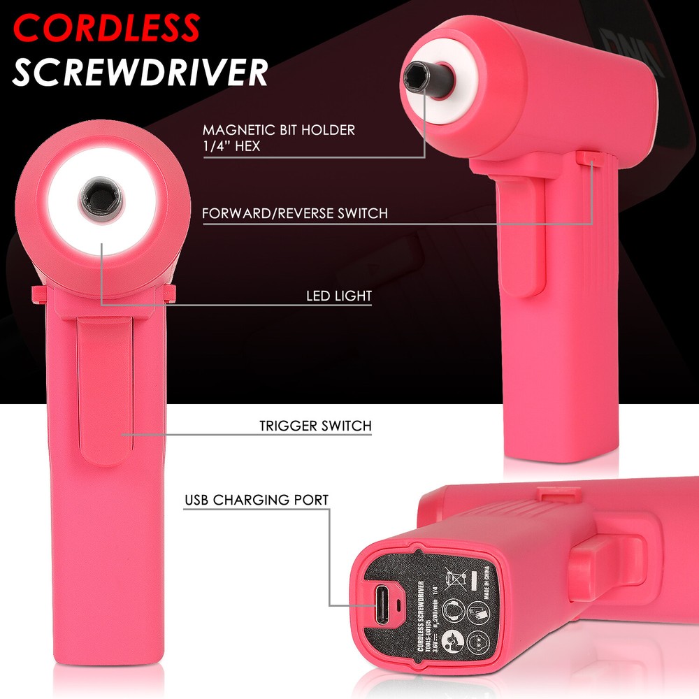 LED Cordless Electric Screwdriver 32Pc Driver Bits Power Tool Kit w/Case Pink