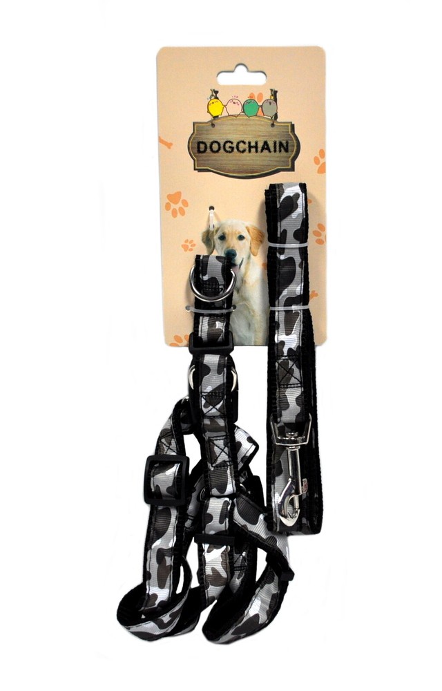 Adjustable Dog Harness with Leash Black Camo