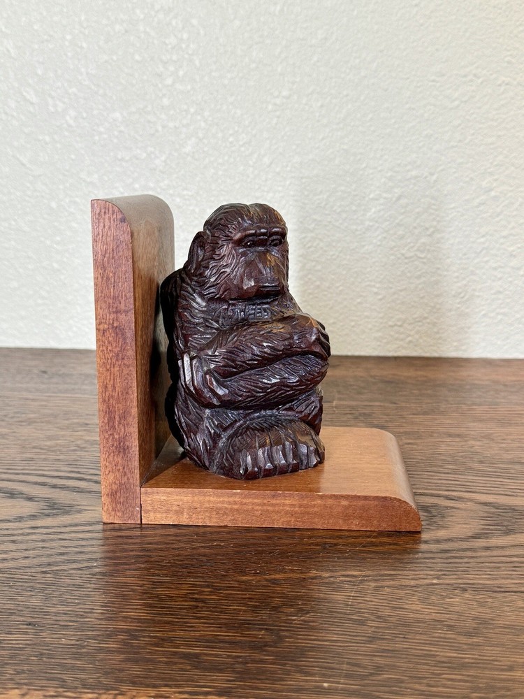 Monkey Bookend Hand Carved Solid Wood Bookend Vintage