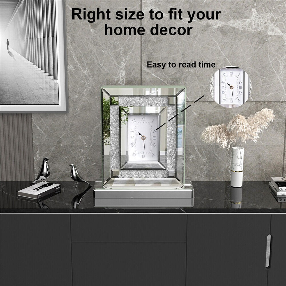 Silver Crushed Diamond Clock Mirrored Table Desk Clock fr Home Office Decorative