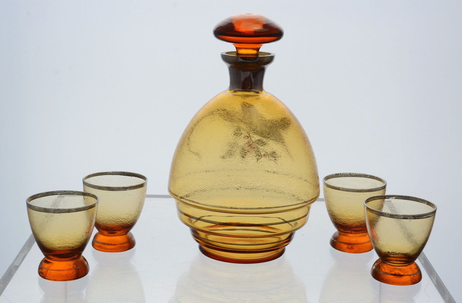 Czecho Slovakian Silver and Enameled Amber Glass Decanter Set 4 Cordials 1920s