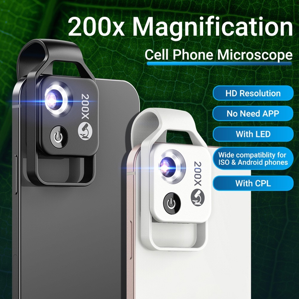200X Phone Mini Pocket Microscope with LED Light/Universal Clip, Nano Zoom Porta