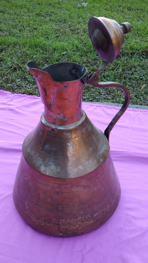 Antique MiddleEastern Dallah Copper Tin Tea Coffee Pot Hammered Primitive TURKEy