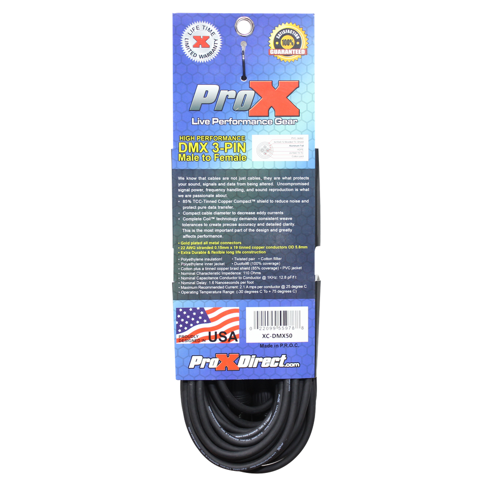 5 ProX 3 Pin 50 ft DMX High Performance Lighting Cable - DJ Data Cable