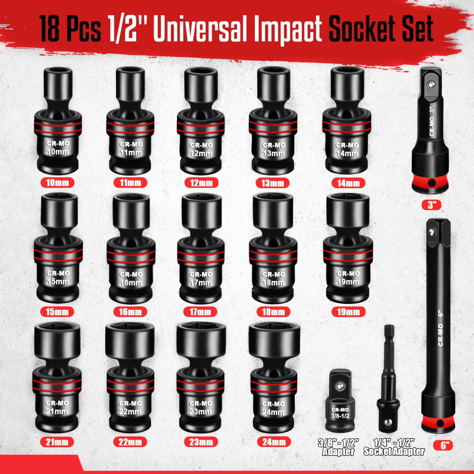 18-Piece 1/2" Drive Shallow Impact Universal Joint Metric Swivel Socket Set