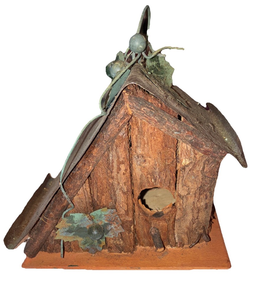 Rustic wood log cabin bird house with metal tin roof DrawerOpens for Easy Clean
