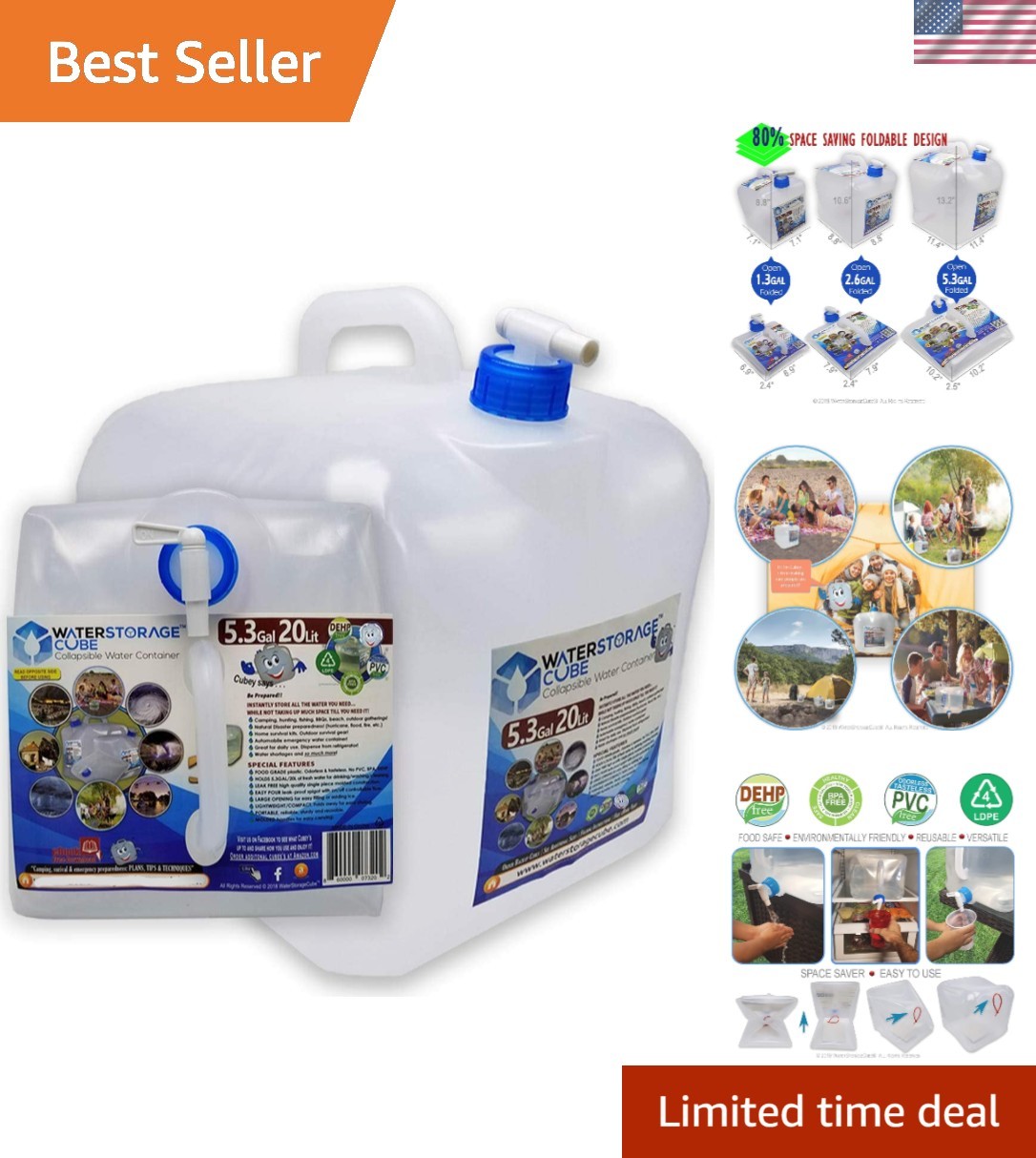 BPA Free Collapsible Water Container with Spigot, Camping Water Storage Carri...