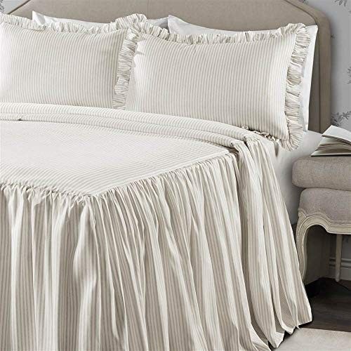 Ticking Stripe Bedspread Size 3 Piece Set - Ruffle Bedding Set Full Wheat
