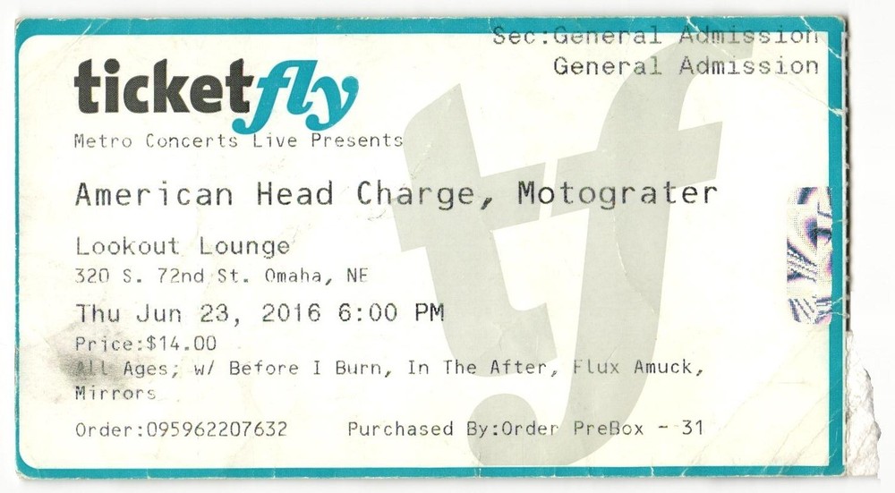 2016 American Head Charge Motograter Concert Ticket Stub Omaha NE