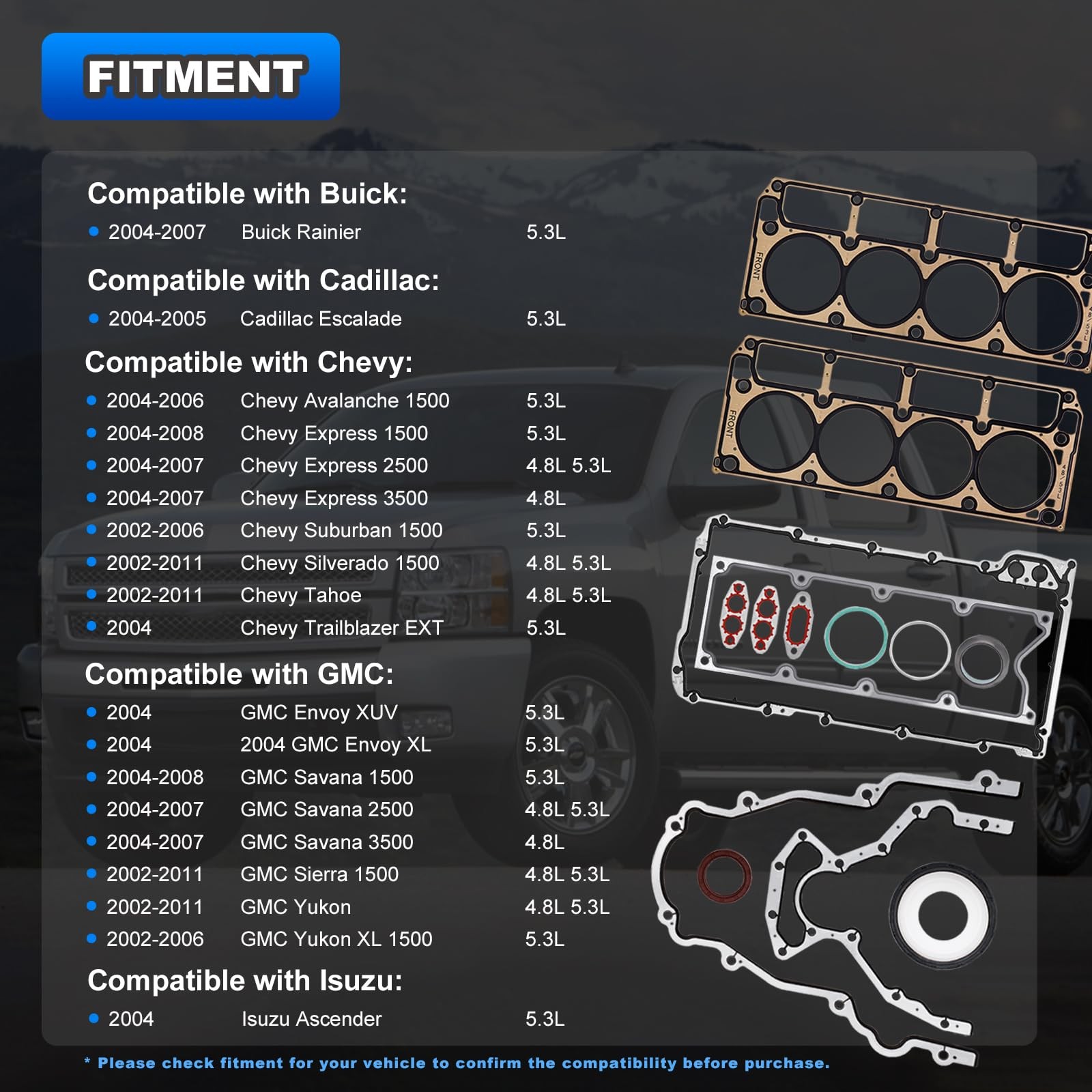 Head Full Gasket Set for 2002-11 Chevy Silverado 1500 Tahoe GMC Sierra 5.3L 4.8L
