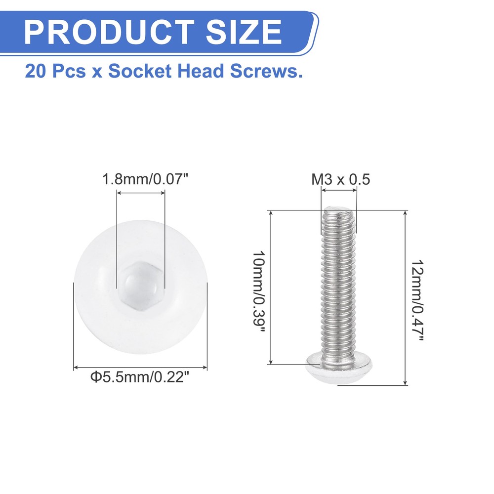 20 Pcs M3-0.5 x 10mm Button Head Socket Cap Screw Machine Screw, White