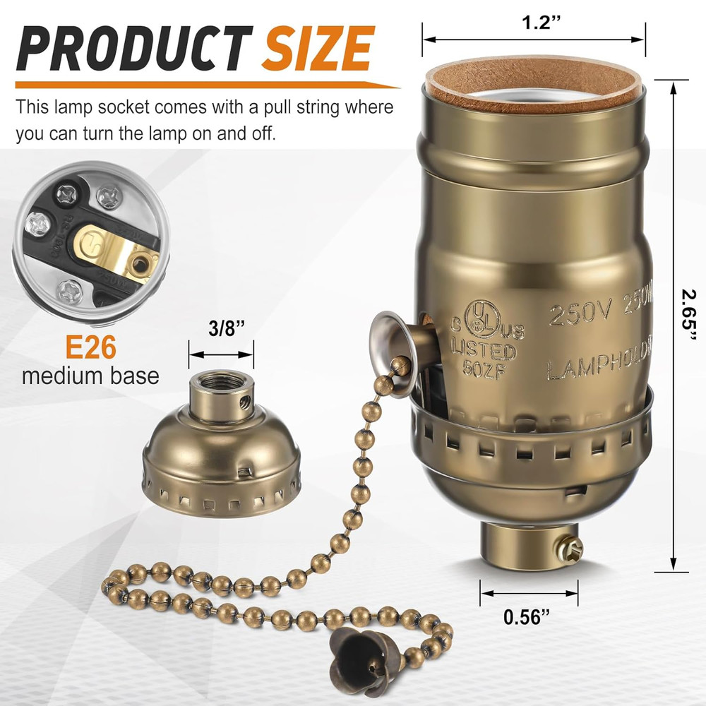 4 Pcs Pull Chain Lamp Socket Replacement, E26 Standard Threaded Base, Light Sock