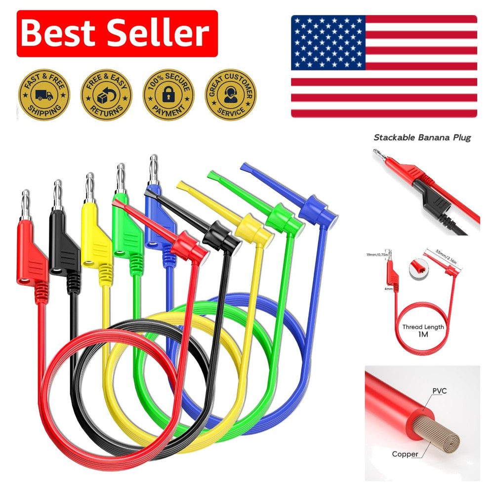 5-Pack 4mm Stackable  Leads with Hook Clips – Ideal for Electrical Testing