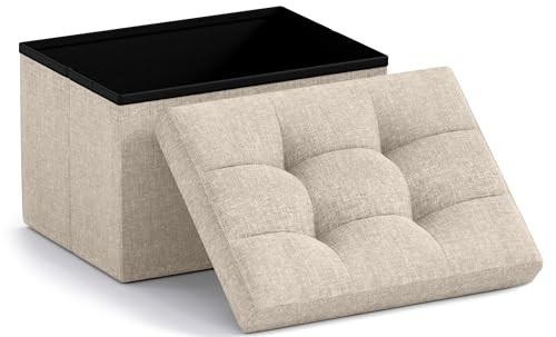 Small Storage Ottoman Foldable Collapsible Rectangle Linen Ottoman 1 Beige