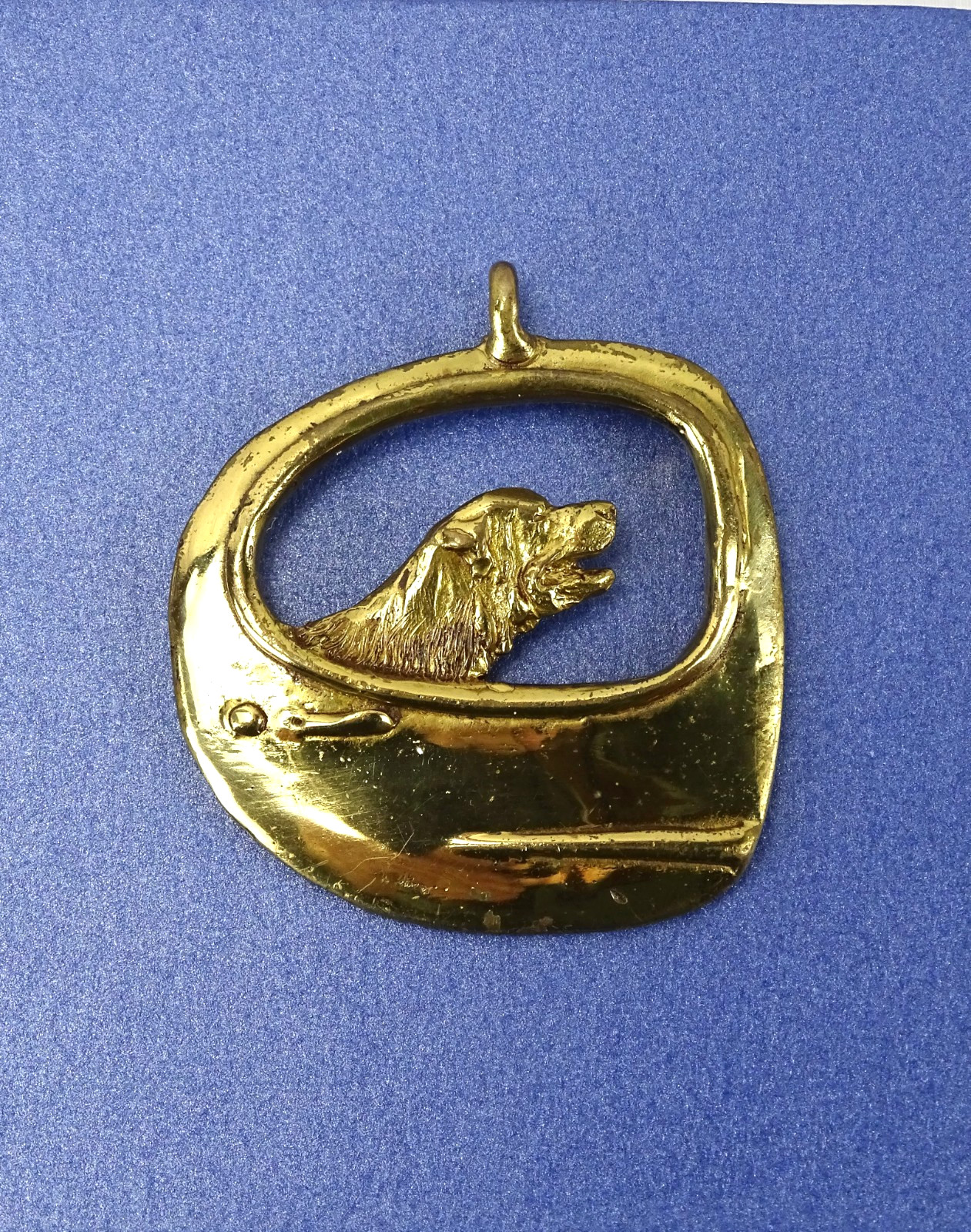 Vintage MCM Brass Pendant, Dog in Car Window, 2” x 2”