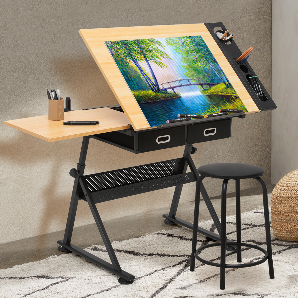 61"Drafting Drawing Table[STOOL+DRAWER]Adjustable Tabletop Painting Work Station
