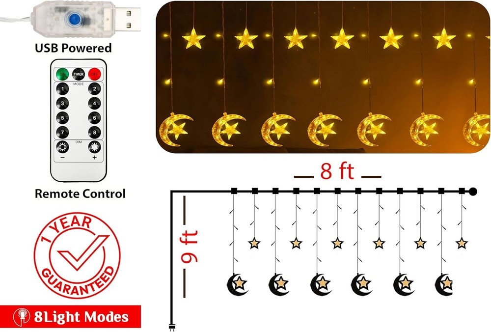 Cozy Indoor Ramadan String Lights - 17ft Remote Controlled with 8 Lighting Modes