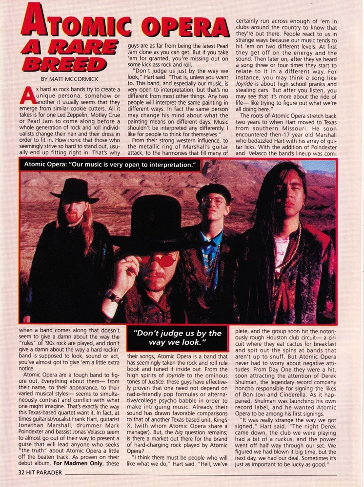 ATOMIC OPERA FRANK HART INTERVIEW 1994 FULL PAGE MAGAZINE ARTICLE PINUP CLIPPING