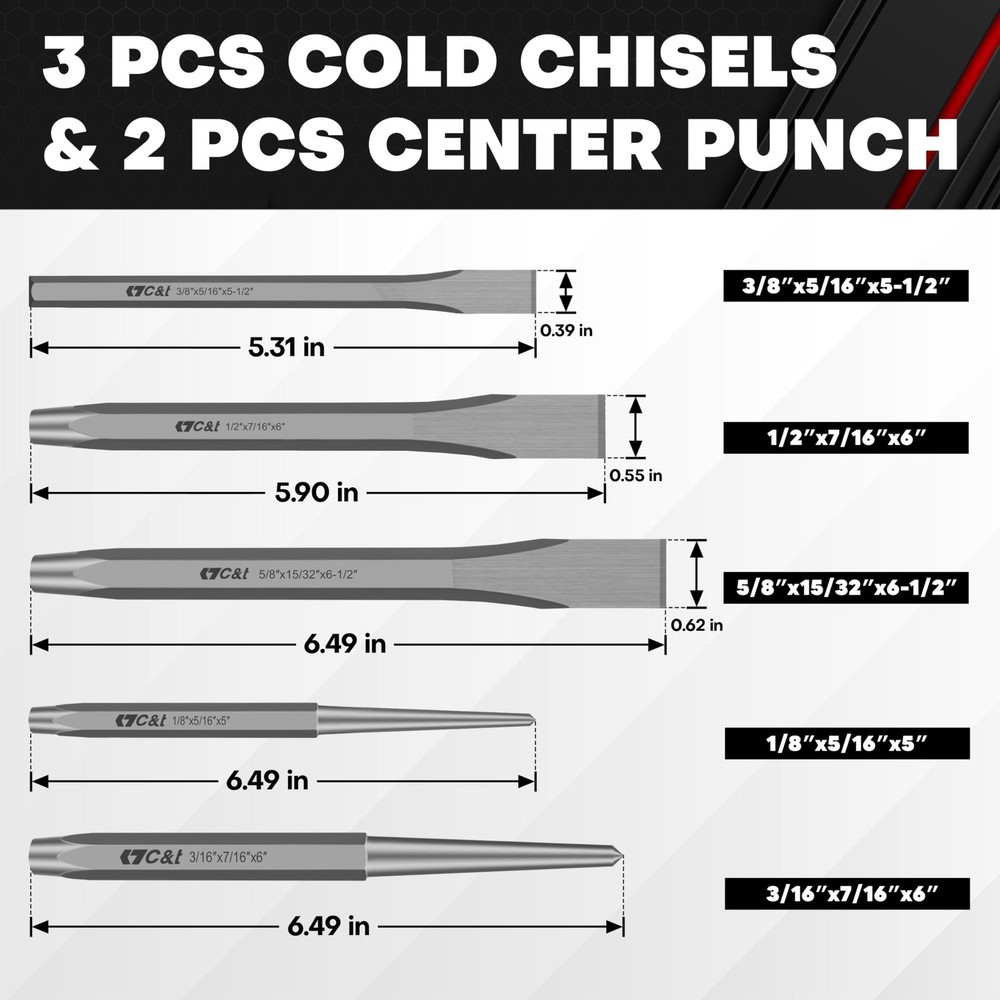 C&T 16-Piece Punch and Chisel Set with Storage Pouch, Including